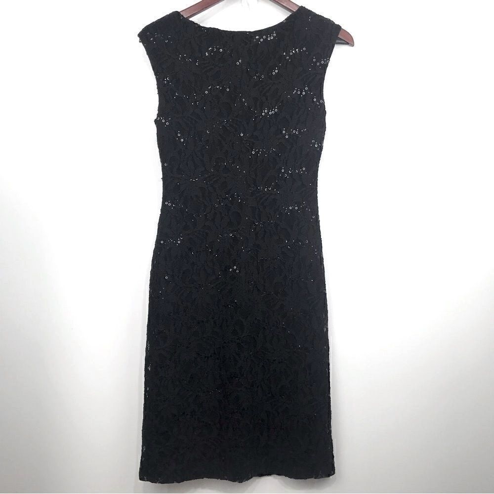Lauren Ralph Lauren Black Sleeveless Lace and Sparkle Ruched Pencil Dress